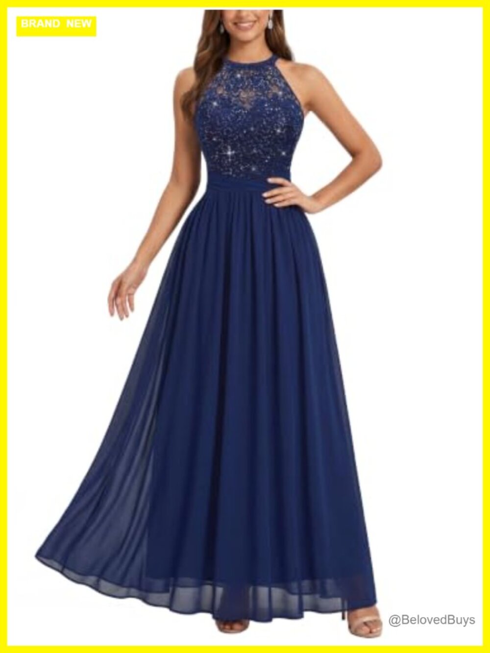 Miusol Halter Tie Back Sequin Lace Flowy Formal Evening Maxi Dress